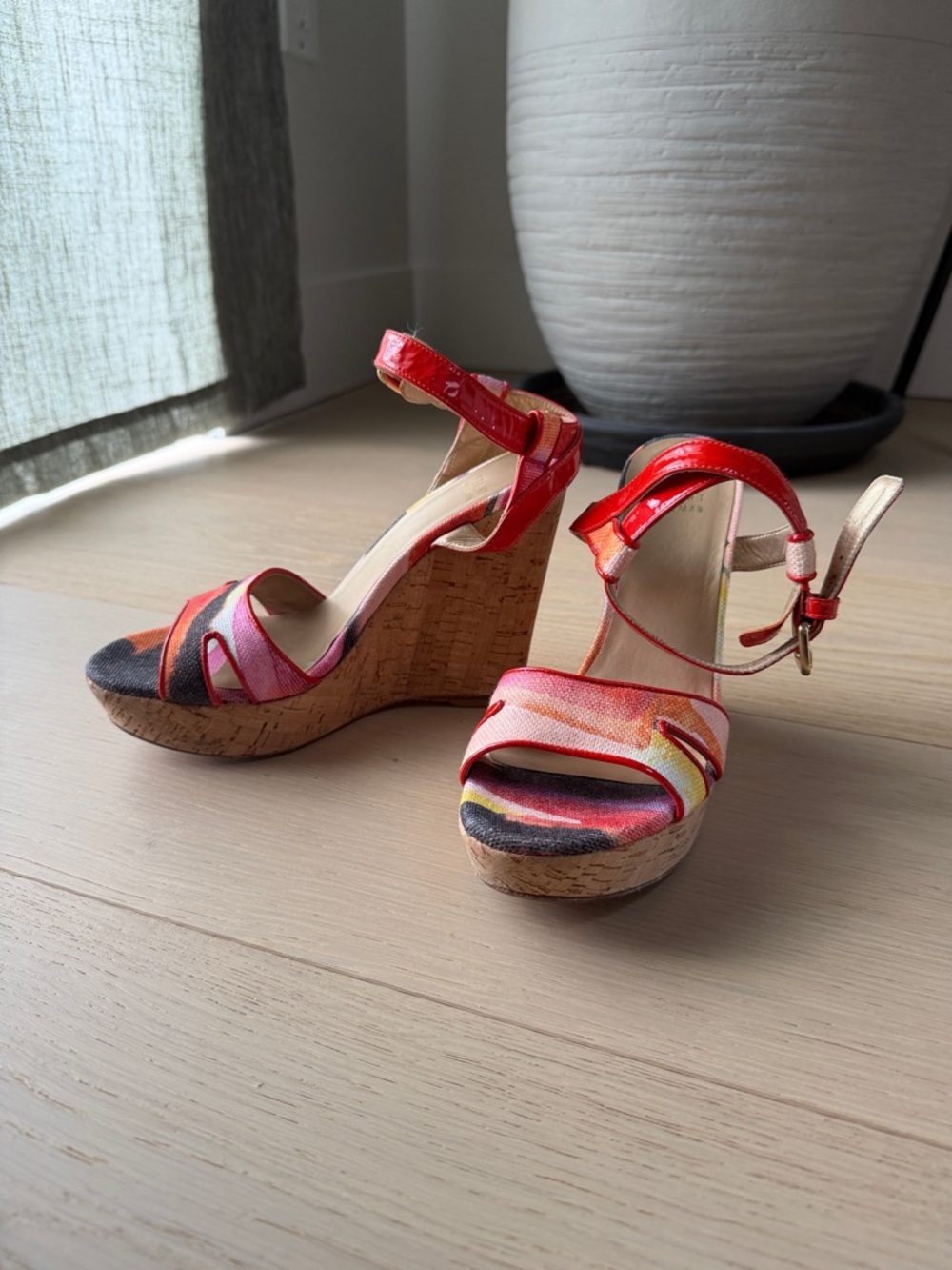 Stuart Weitzman Red and Pink Cork Wedge Sandals